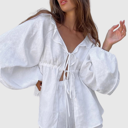 Ruffle Balloon Blouse Short Set