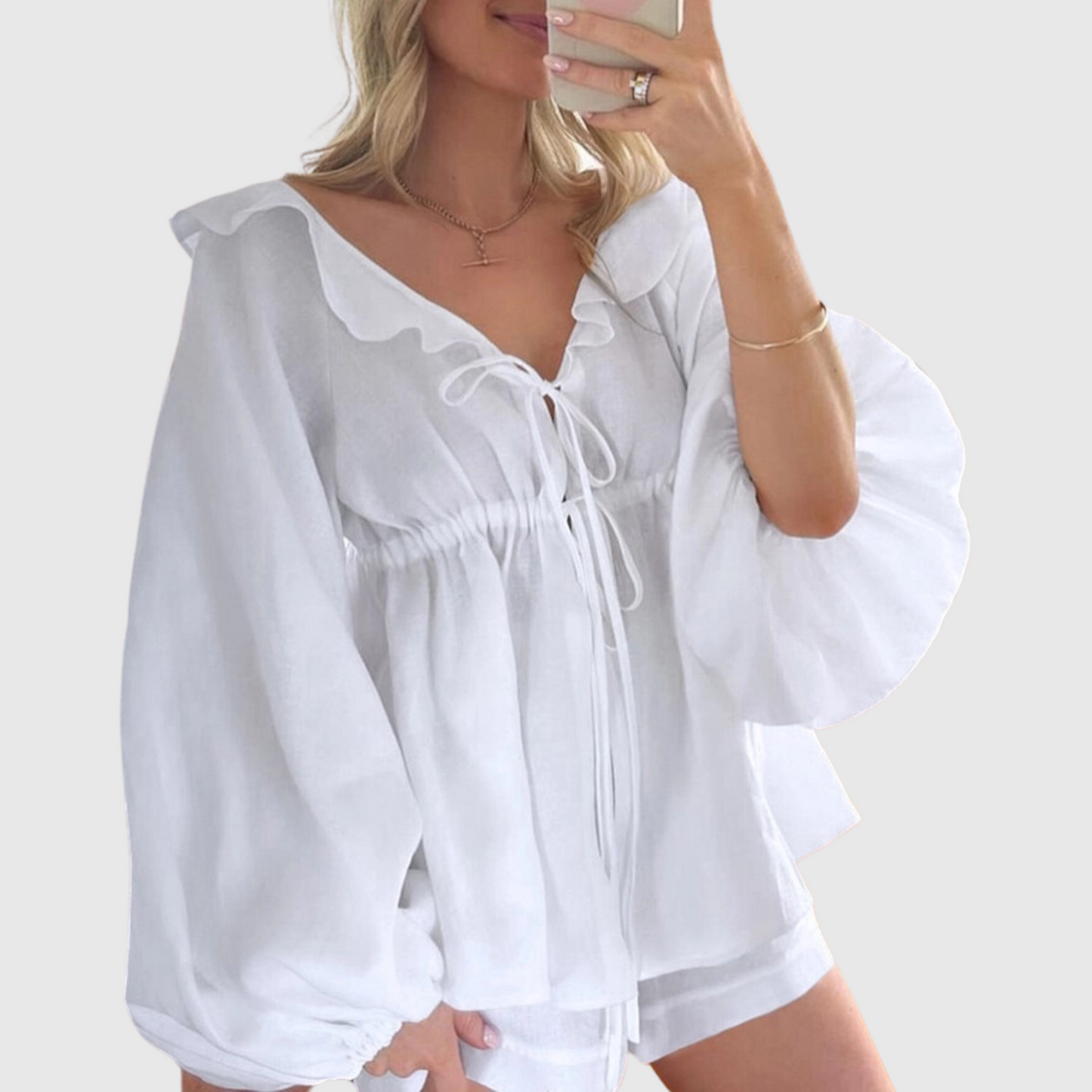 Ruffle Balloon Blouse Short Set
